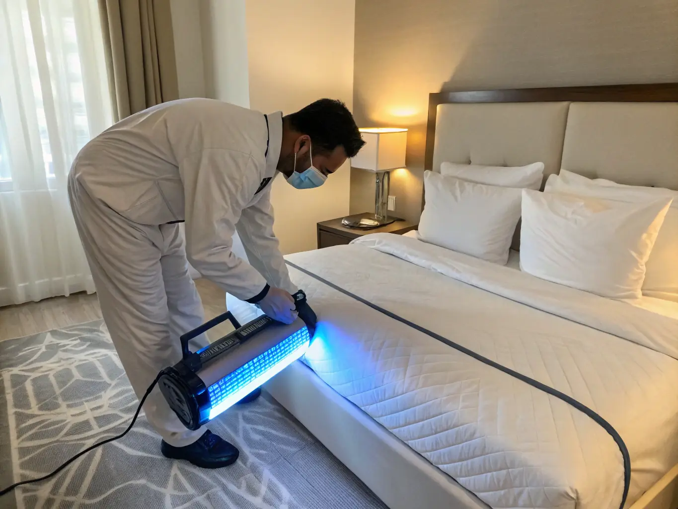 A staff member disinfecting a room, emphasizing hygiene practices, to illustrate the commitment to hygiene and safety at Mernat Pansiyon.