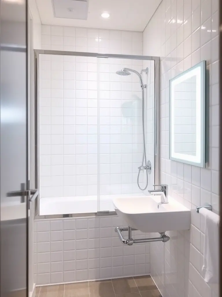 A high-resolution photo of a modern, clean bathroom with fresh towels and toiletries, showcasing the hygiene standards at Mernat Pansiyon.