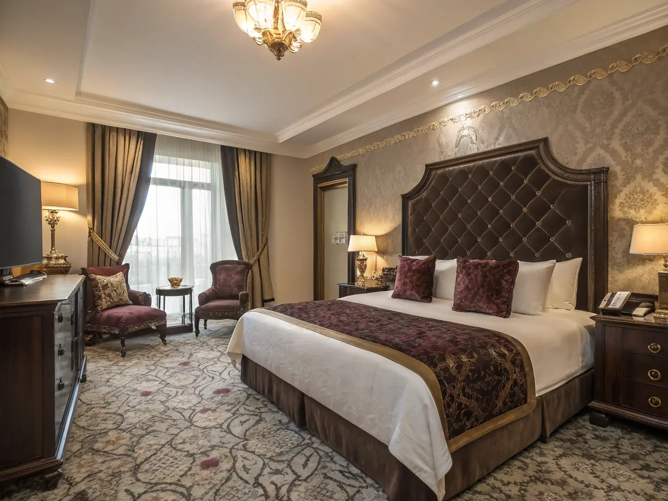 A luxurious jacuzzi room at Mernat Pansiyon, featuring a large jacuzzi tub, a king-size bed, and elegant decor. The room is designed for guests who want to enjoy a relaxing and pampering experience.