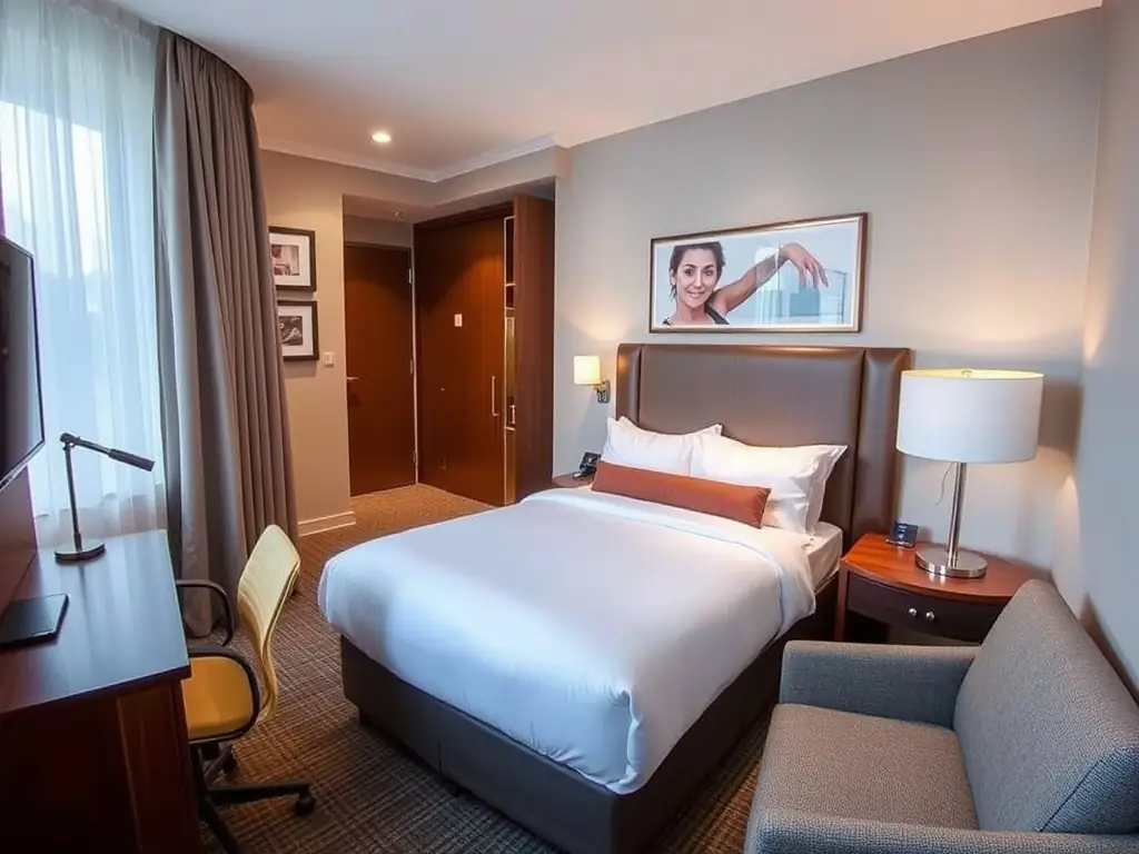 A beautifully decorated standard room at Mernat Pansiyon, featuring a comfortable bed, a work desk, and a window with city views. The room is clean and well-lit, showcasing its functionality and comfort.
