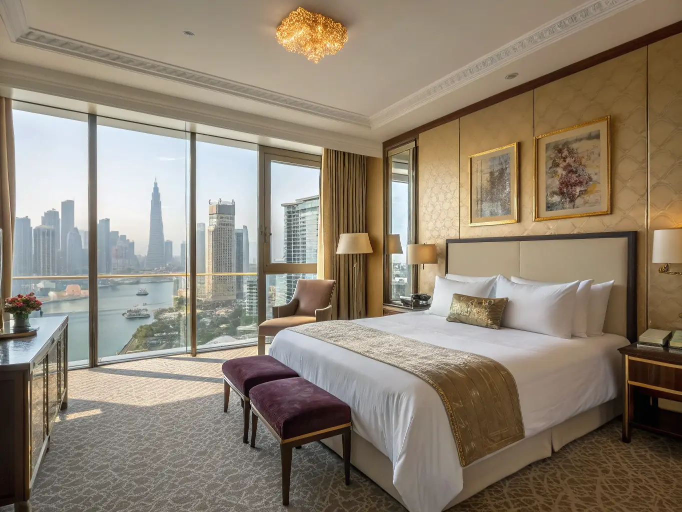 A spacious room at Mernat Pansiyon, featuring a larger bed, a seating area with a sofa, and a balcony overlooking the city. The room is designed for guests who need more space and comfort.